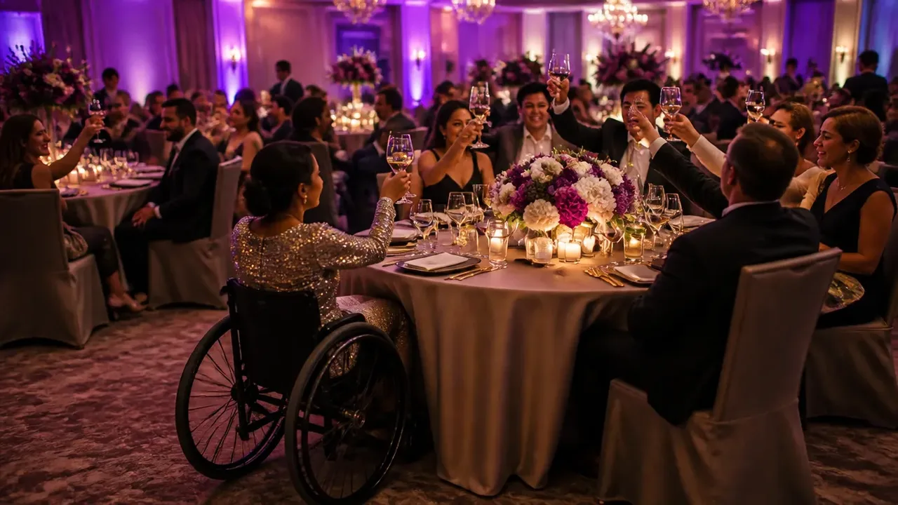 Guests dining together at a banquet table with a wheelchair user seated at the table