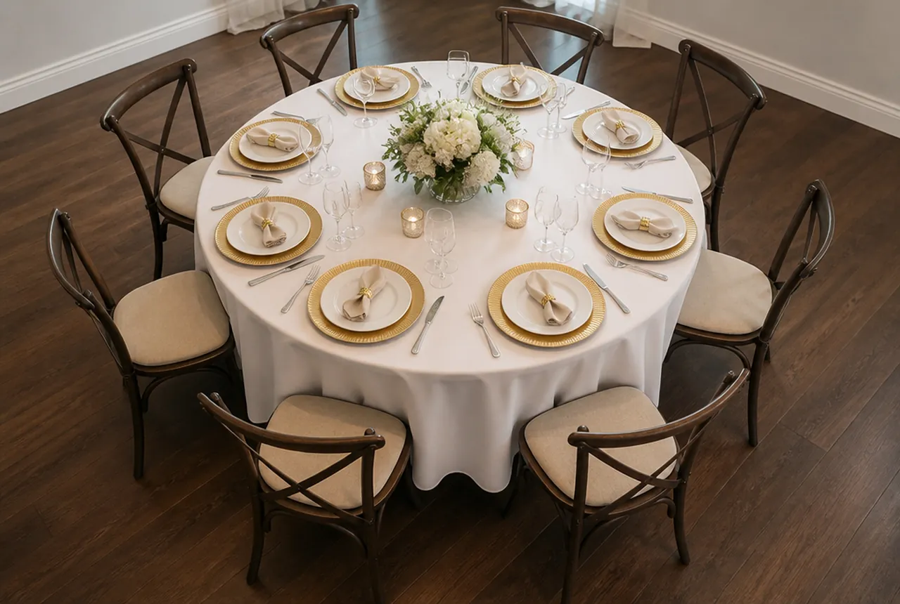 A 60-inch round banquet table set for eight in a daylit function room