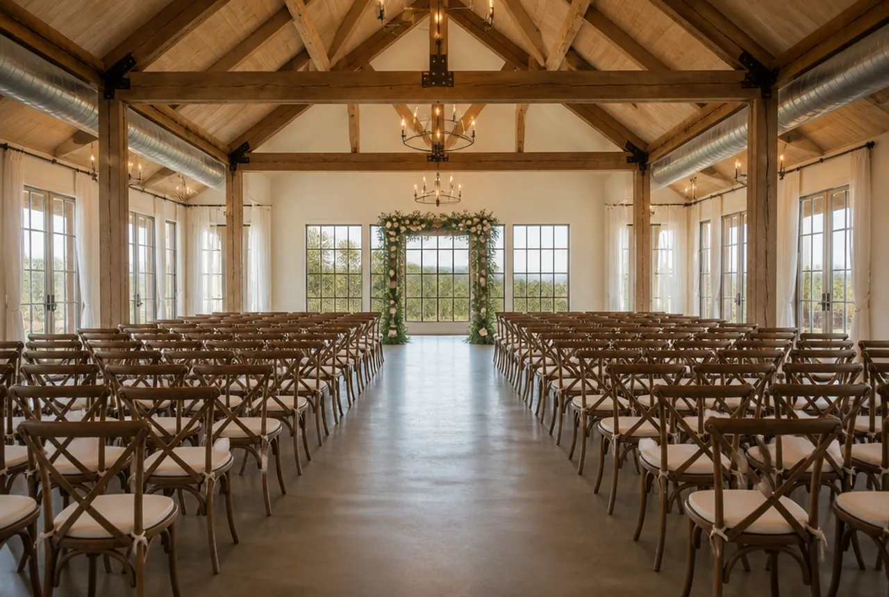 Sunlit event venue with timber beams and neatly arranged ceremony chairs