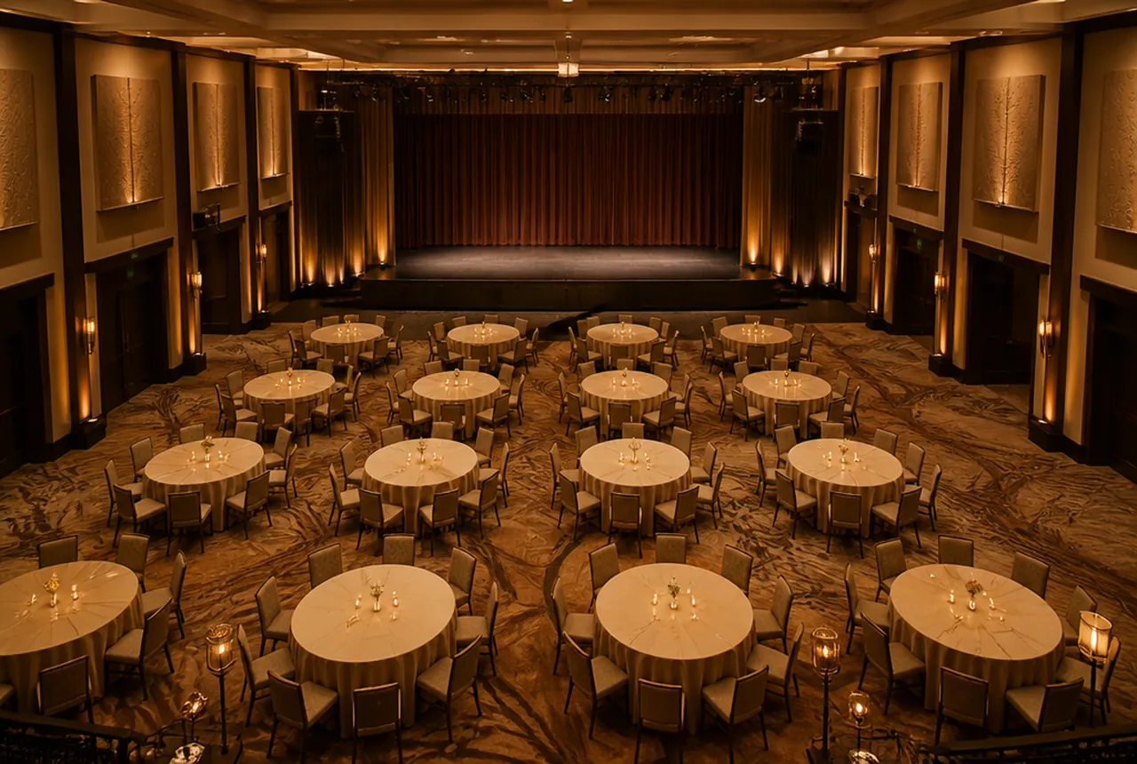 Cabaret crescent rounds with chairs seated around only the back arc so every guest faces the stage