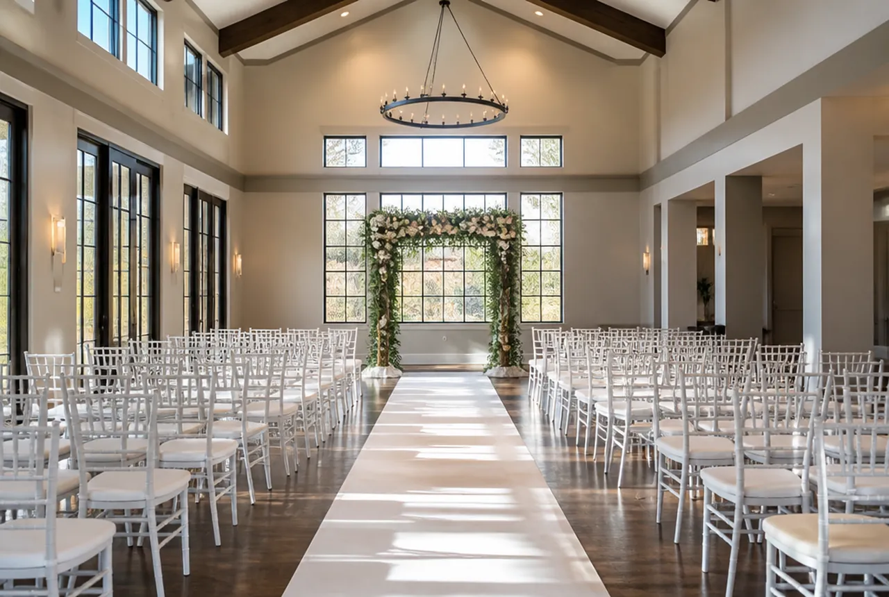 Ceremony setup of chiavari chairs in two banks split by a wide processional aisle running to the front