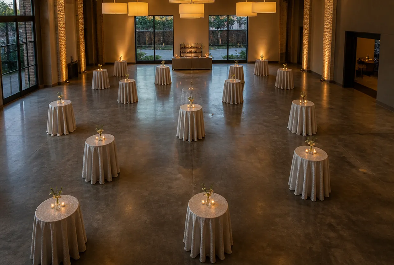 Standing cocktail reception with scattered highboy tables and open floor between them for circulation