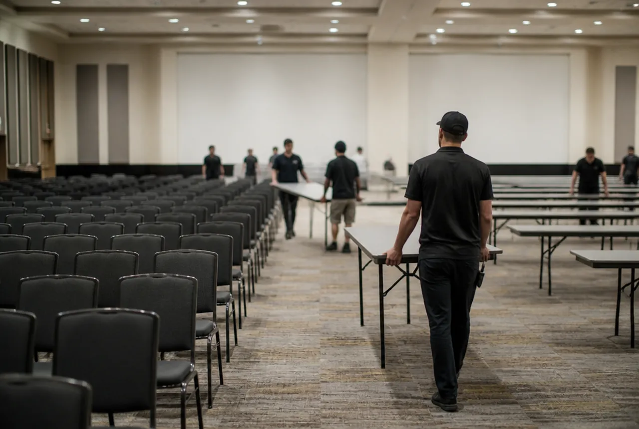 A hall mid-changeover with theatre rows set on one half and classroom tables going in on the other
