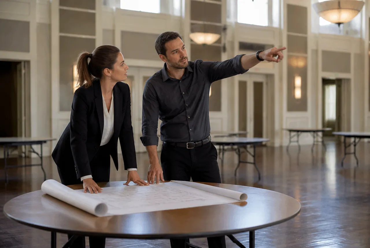 Two event planners studying a rolled floor plan spread on a bare round table in an empty ballroom
