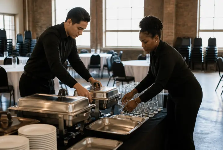 Banquet staff assembling a buffet and beverage station before an event