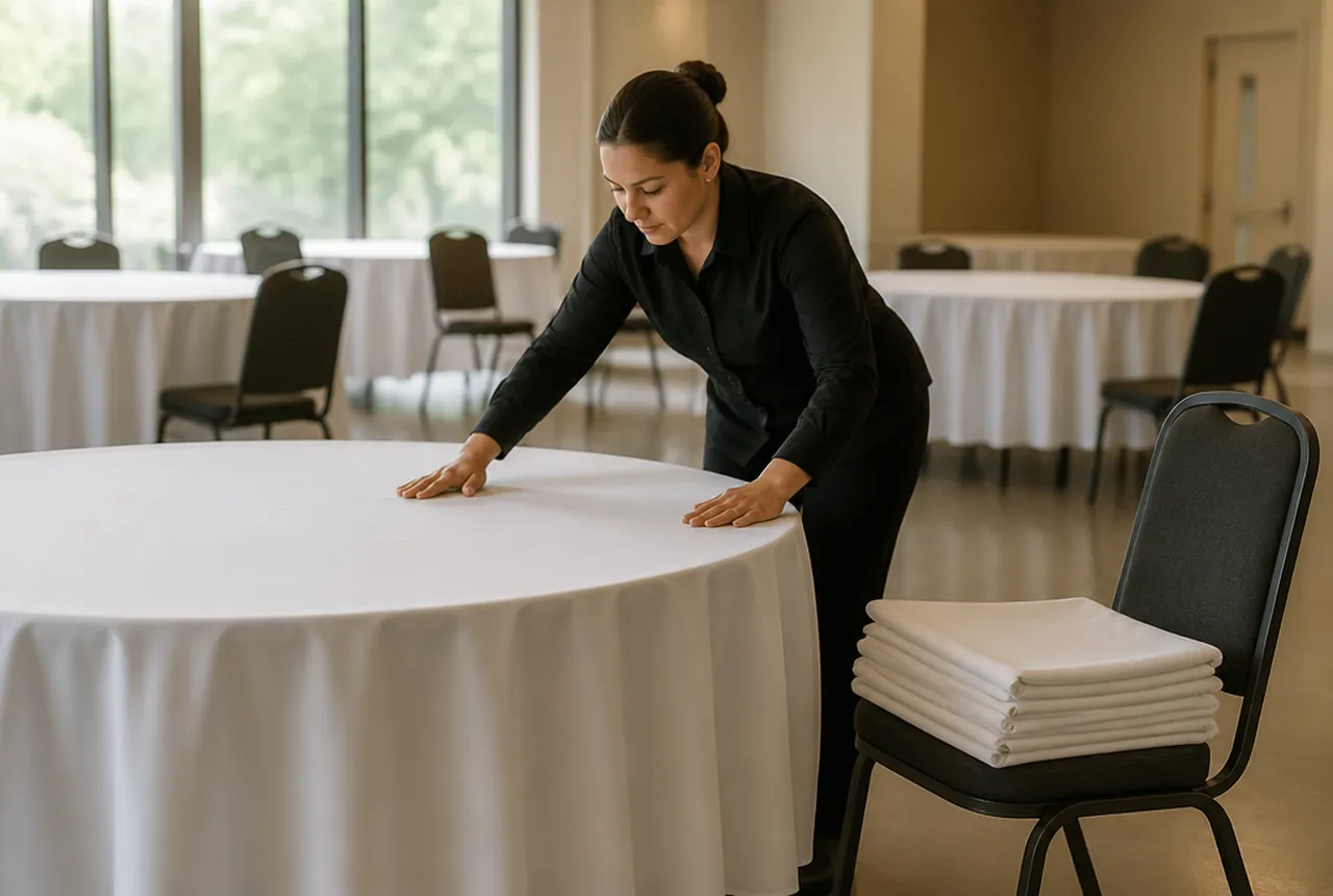 A person smoothing a white tablecloth on a round table beside a stack of folded linens