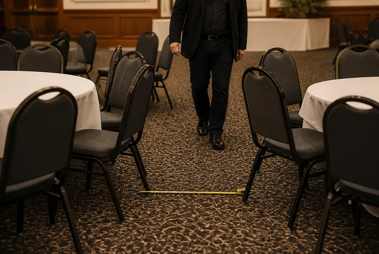 A guest walking between two set round tables with chairs pushed back and a tape measure on the carpet