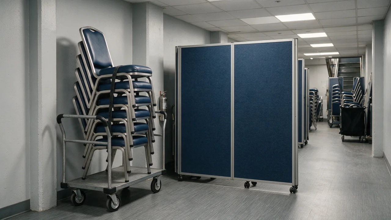 Stacked banquet chairs on a transport dolly