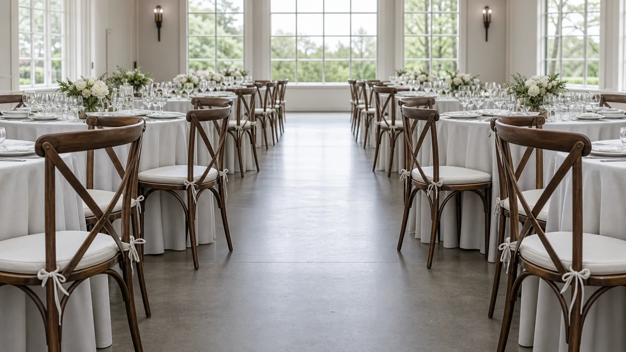 Dressed round table with chairs fully tucked showing the clear aisle space behind them, low angle down the aisle