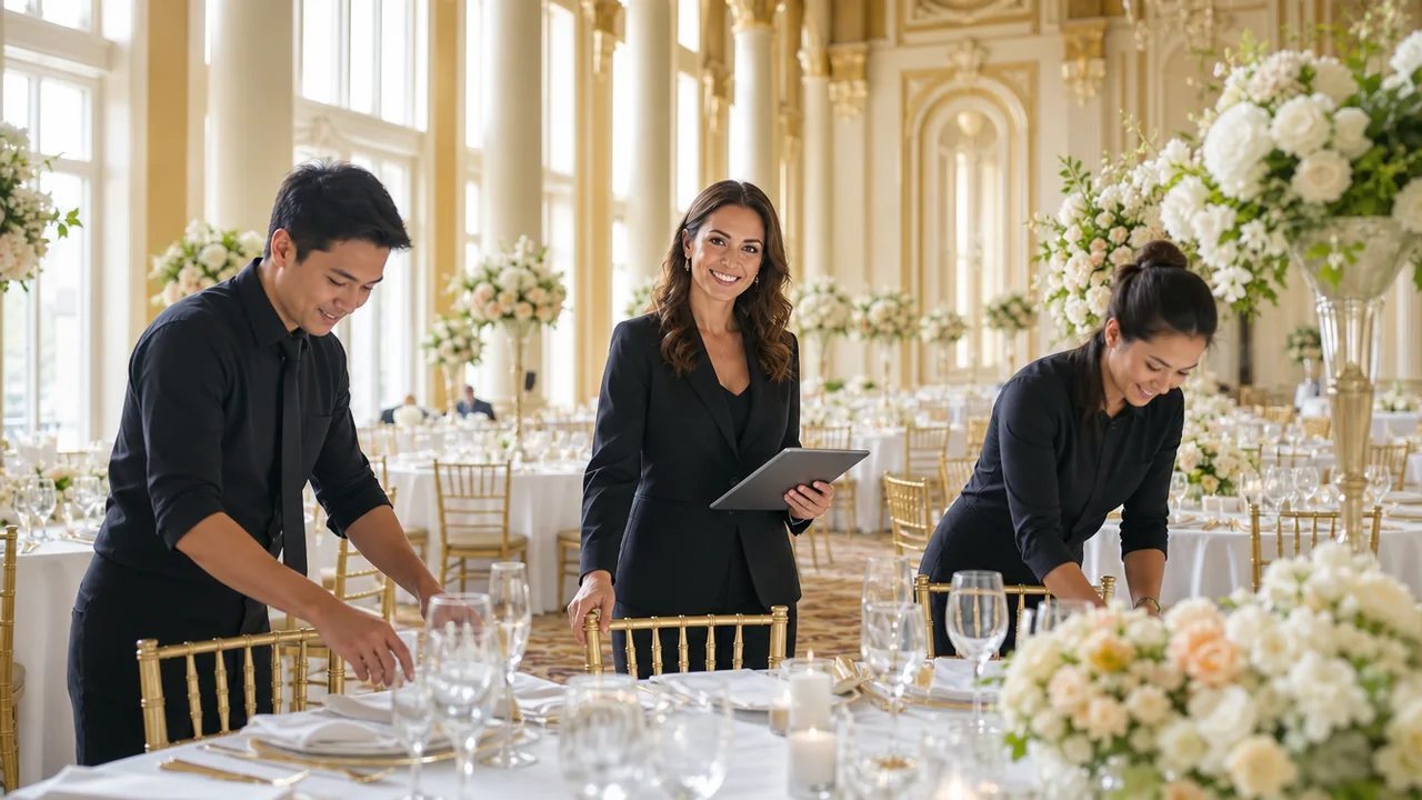 A venue team arranging gold-tone chairs and table settings in a bright ballroom