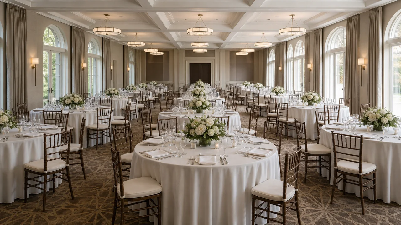 Rows of dressed 60-inch round tables receding across a carpeted ballroom, evenly spaced aisles