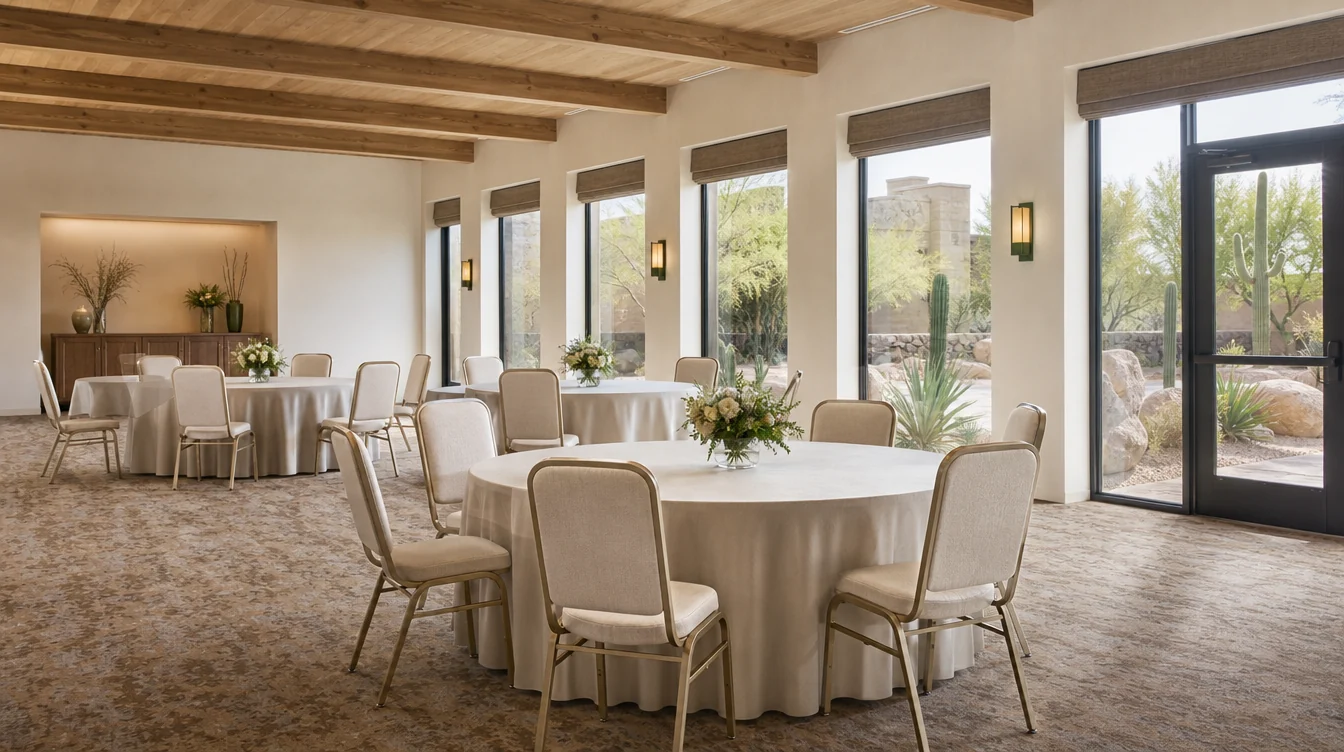 Banquet tables and matching upholstered chairs in a Arizona venue planning scene
