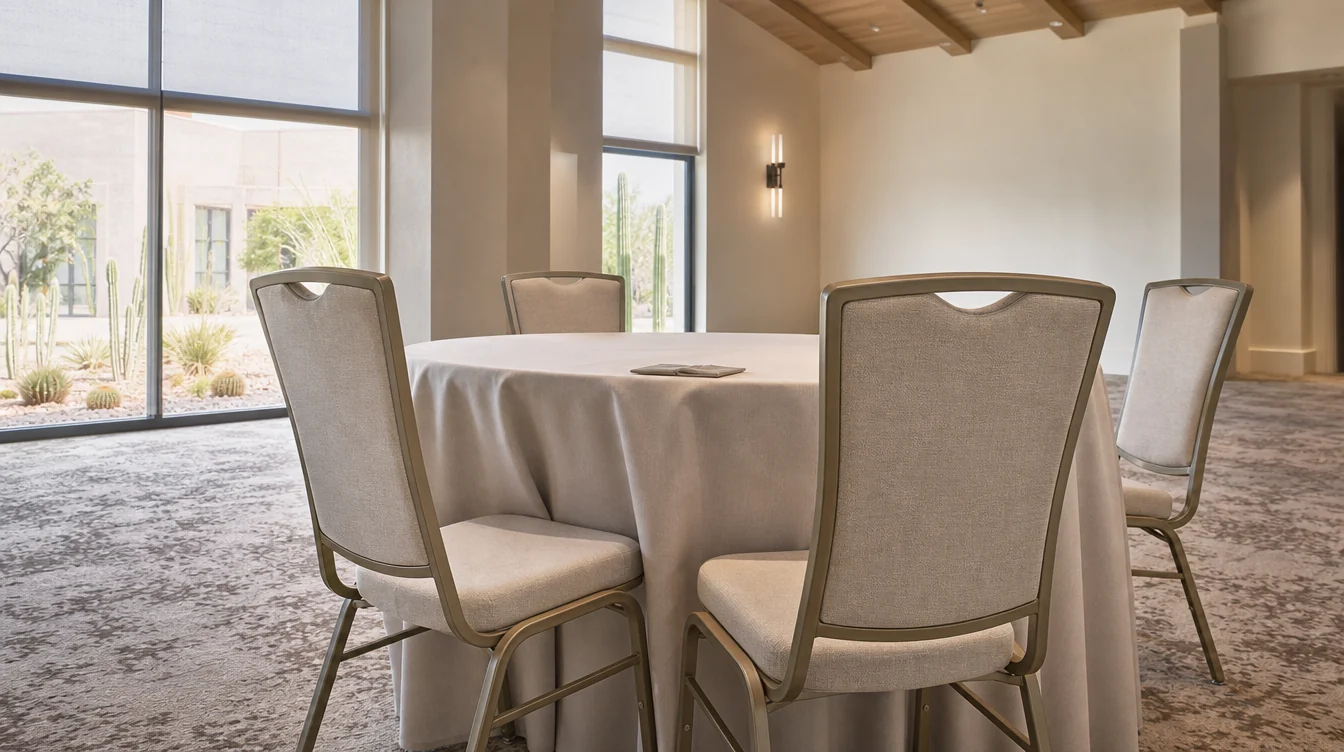 Banquet chair upholstery and frame details beside a dining table