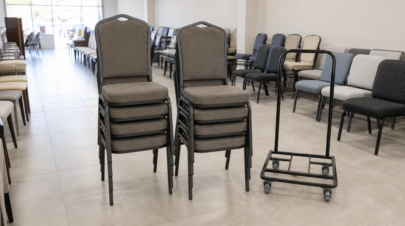 Low stacks of banquet chairs beside a clear indoor storage aisle