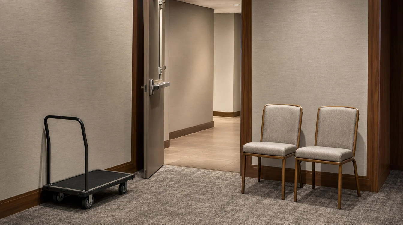 Chair handling route through an event venue service doorway