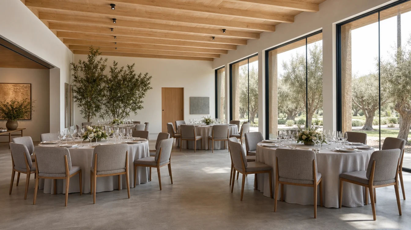 Banquet tables and matching upholstered chairs in a California venue planning scene