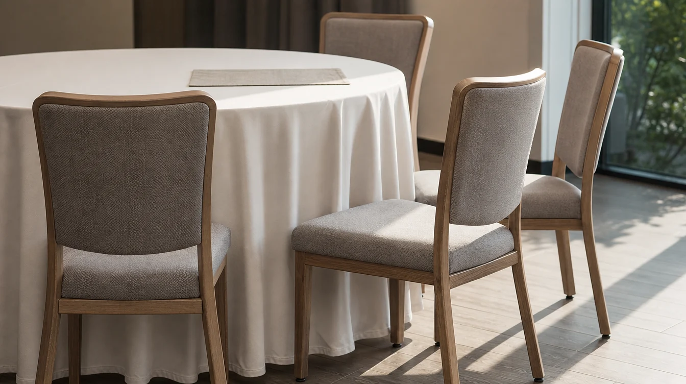 Upholstery and frame details on banquet chairs beside a dining table