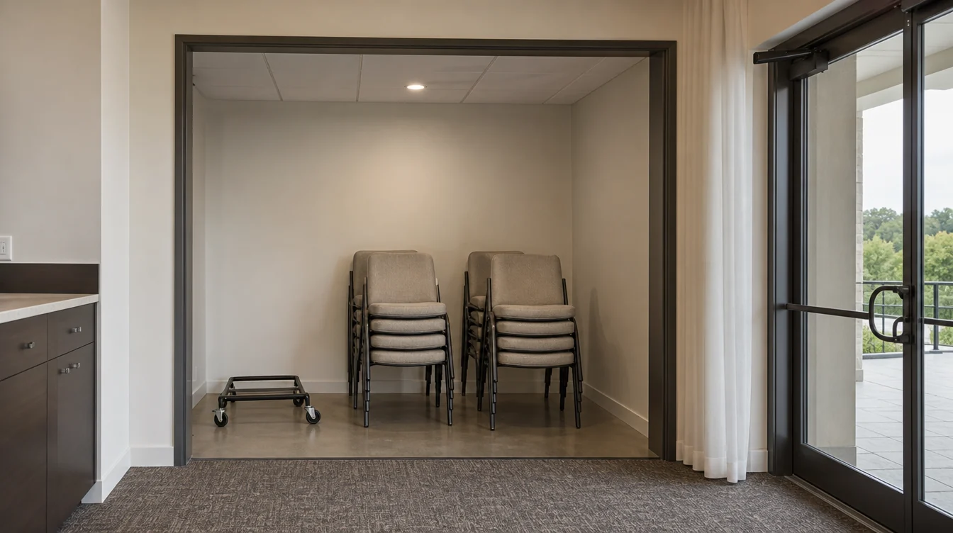 Modest stacks of banquet chairs with a clear storage aisle