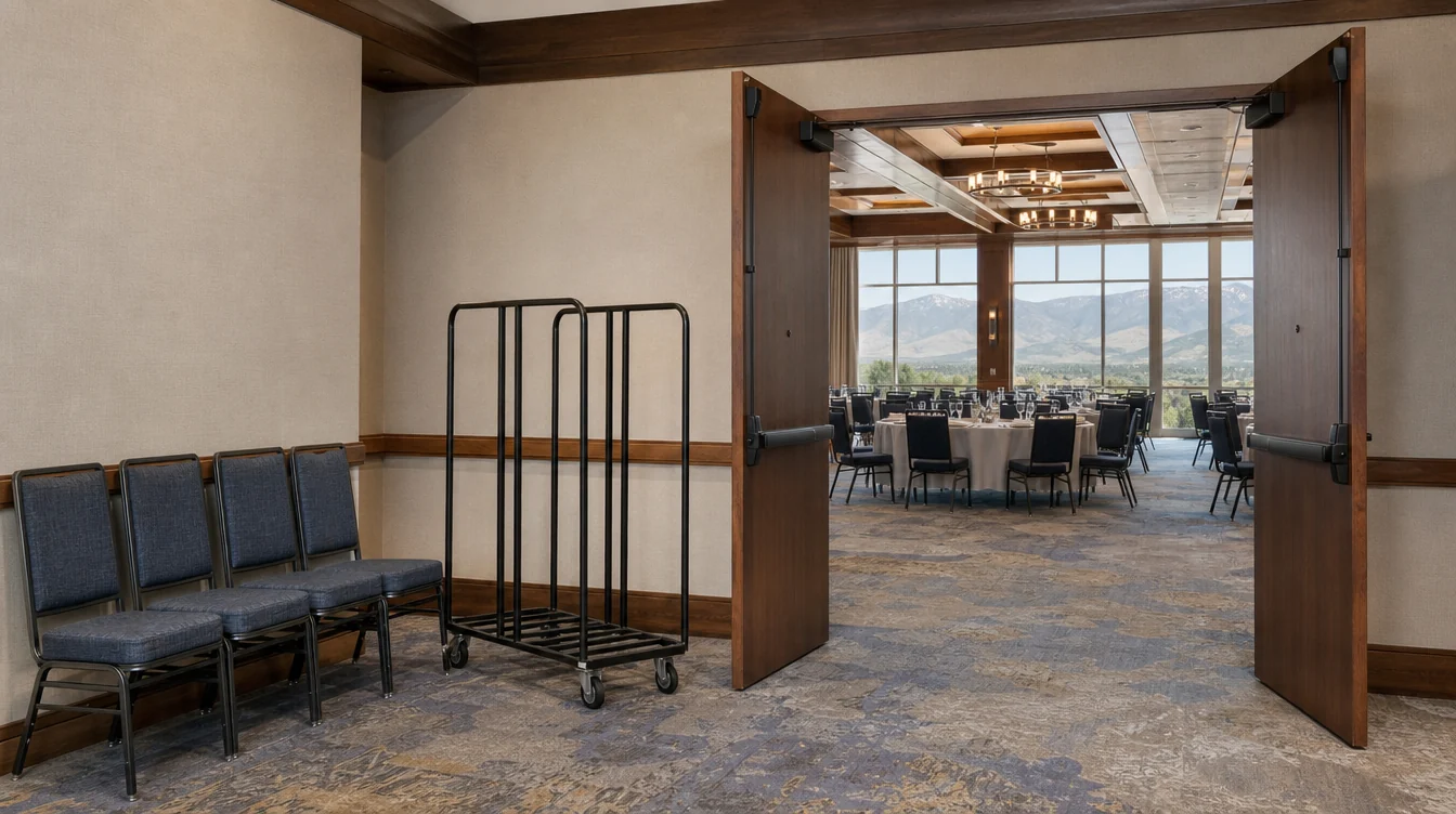 Banquet chairs and a clear service doorway in a Colorado venue
