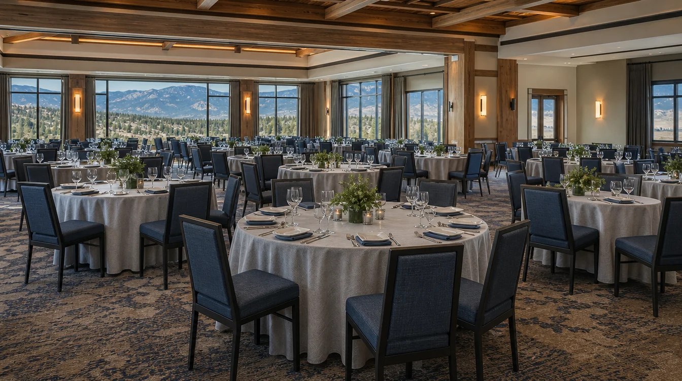 Banquet tables and upholstered chairs in a Colorado event room
