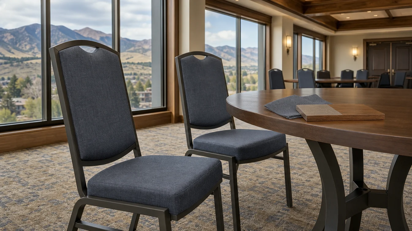 Banquet-chair frame and upholstery details beside a dining table in Colorado