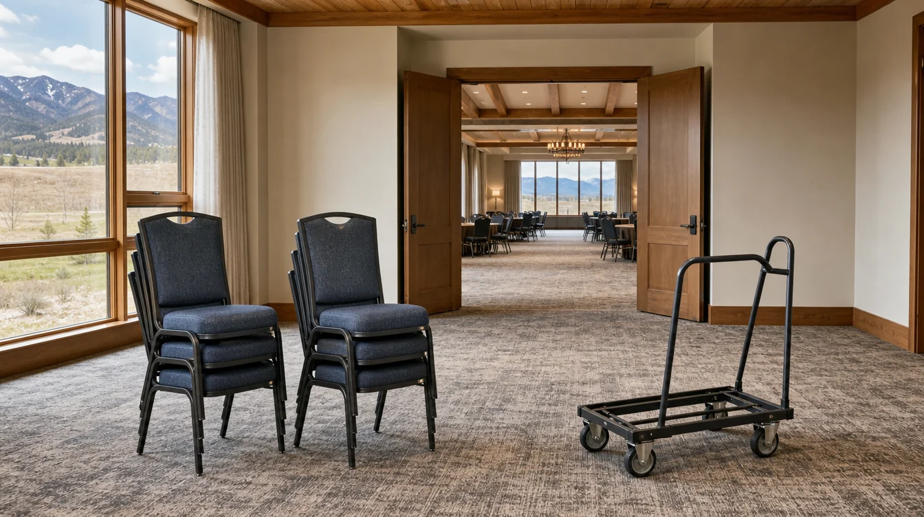 Low stacks of banquet chairs and a clear indoor storage aisle in Colorado