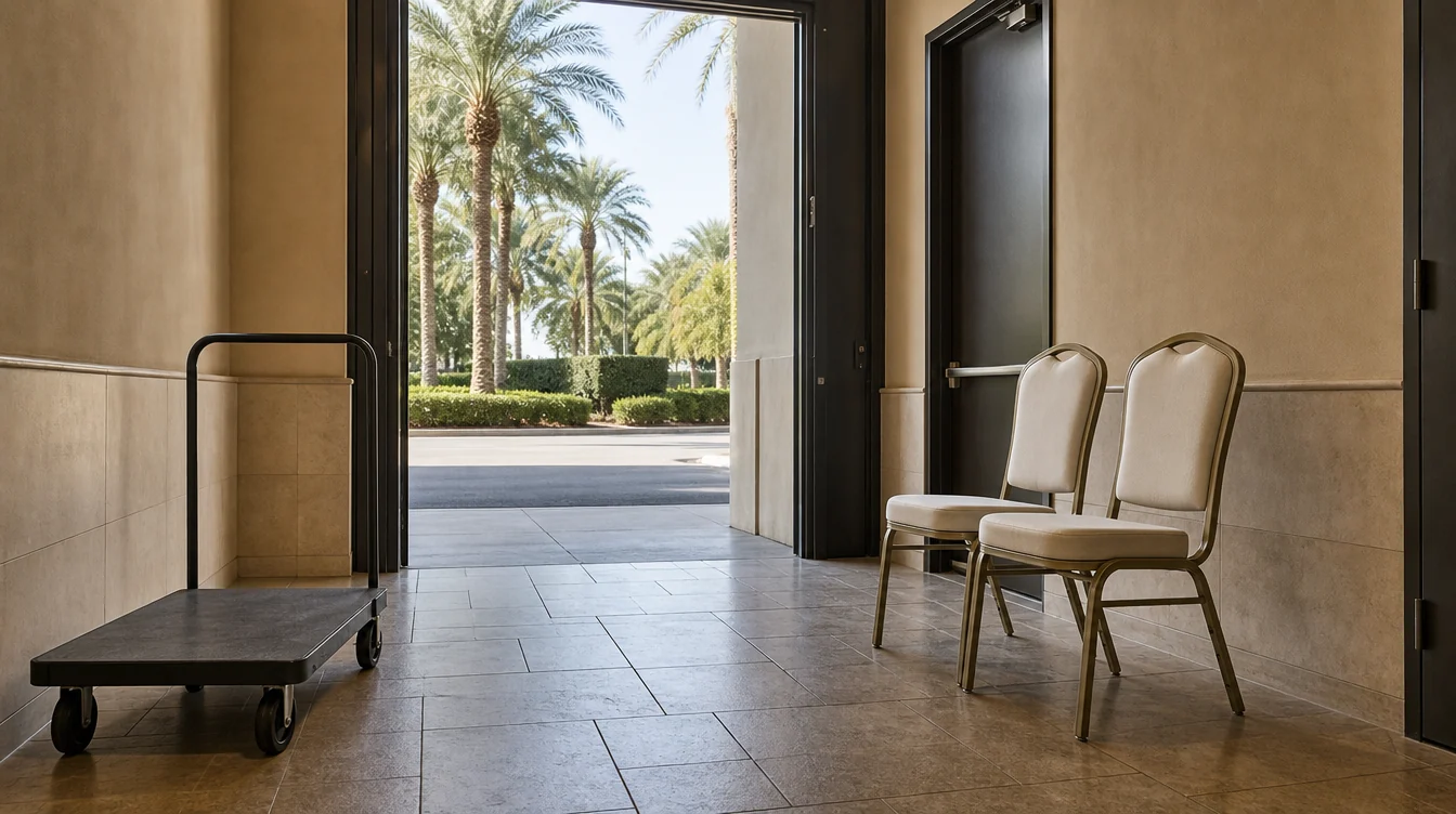 Chair handling route through an event venue service doorway