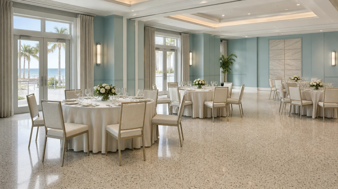 Banquet tables and matching upholstered chairs in a Florida venue planning scene