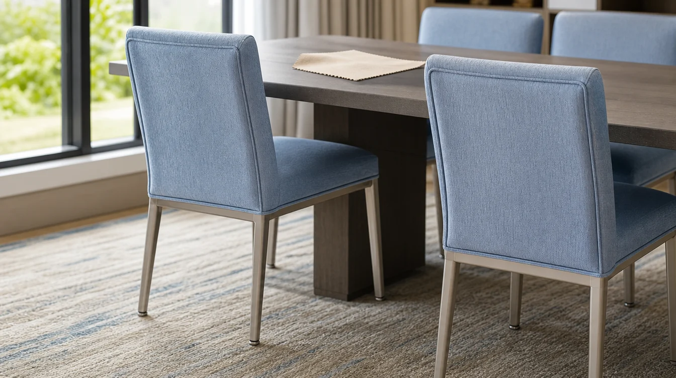 Upholstery and frame details on banquet chairs beside a dining table
