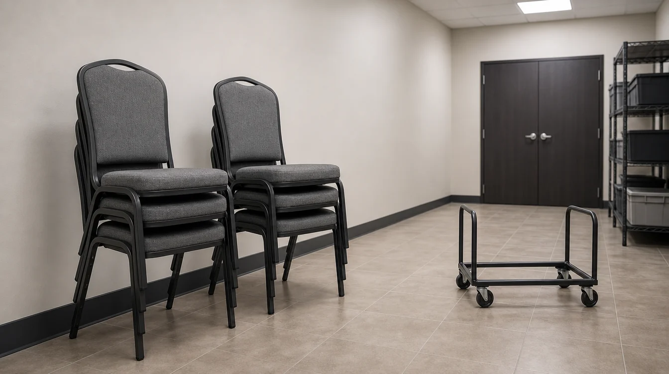 Modest stacks of banquet chairs with a clear storage aisle