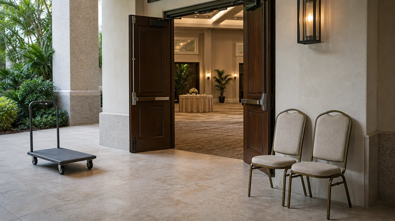 Chair handling route through an event venue service doorway