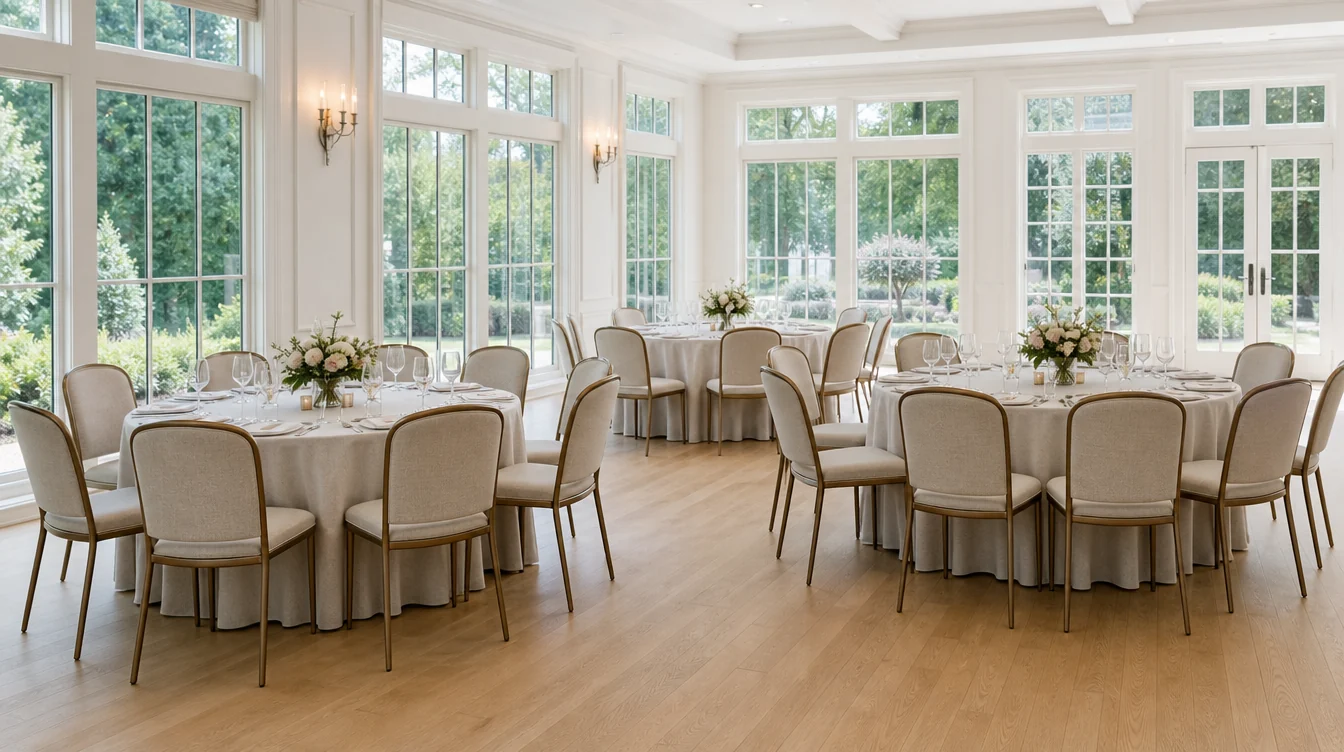 Banquet tables and matching upholstered chairs in a Georgia venue planning scene