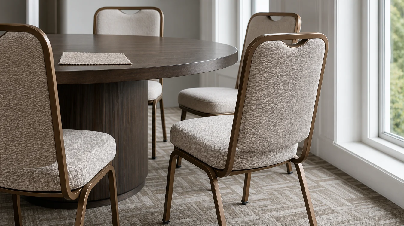 Upholstery and frame details on banquet chairs beside a dining table