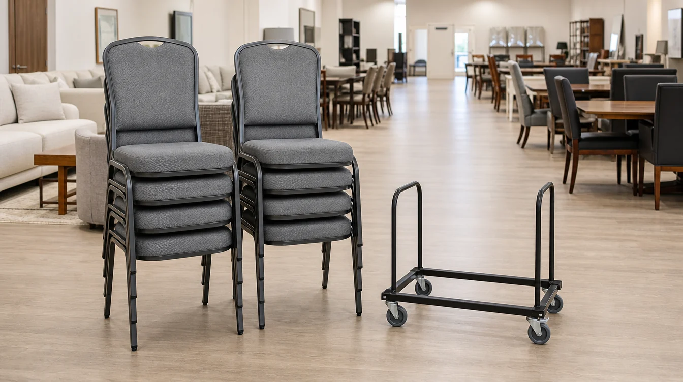 Modest stacks of banquet chairs with a clear storage aisle