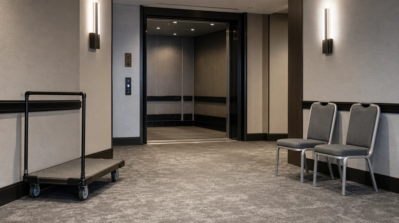 Chair handling route through an event venue service doorway