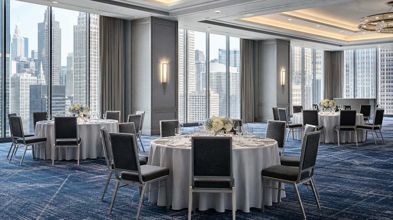 Banquet tables and matching upholstered chairs in a Illinois venue planning scene