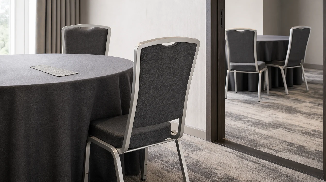Upholstery and frame details on banquet chairs beside a dining table