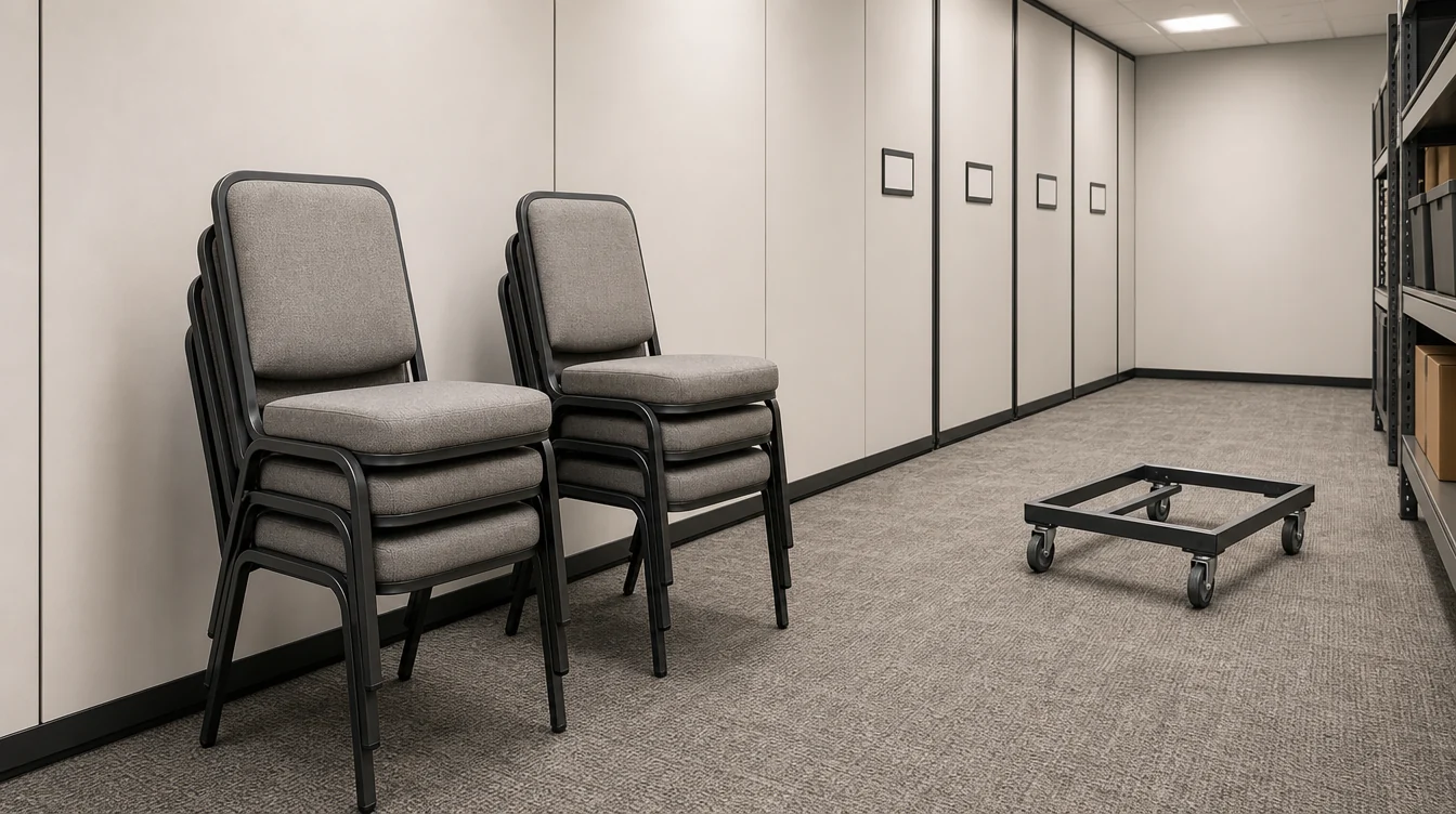 Modest stacks of banquet chairs with a clear storage aisle