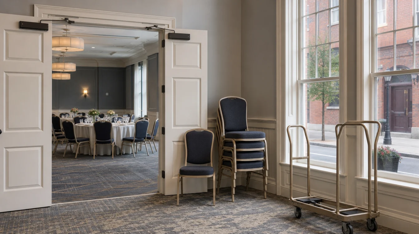 Banquet chairs and a clear service doorway in a Massachusetts venue