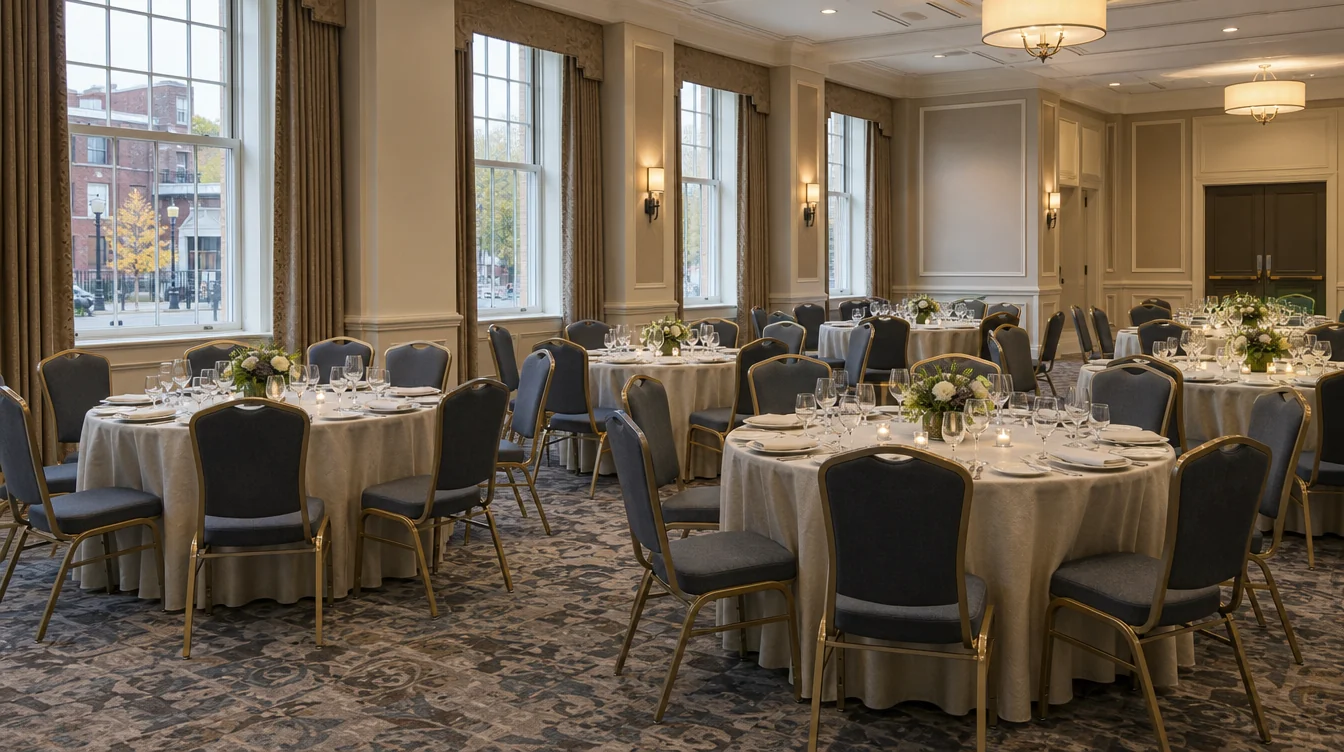 Banquet tables and upholstered chairs in a Massachusetts event room
