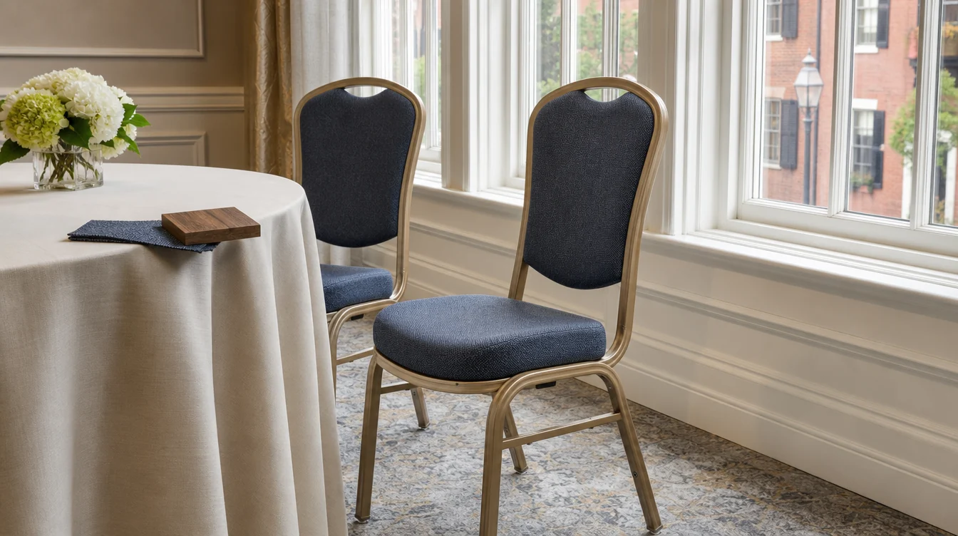 Banquet-chair frame and upholstery details beside a dining table in Massachusetts