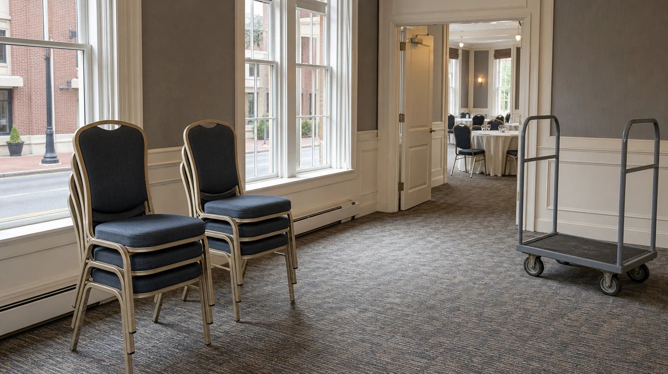Low stacks of banquet chairs and a clear indoor storage aisle in Massachusetts
