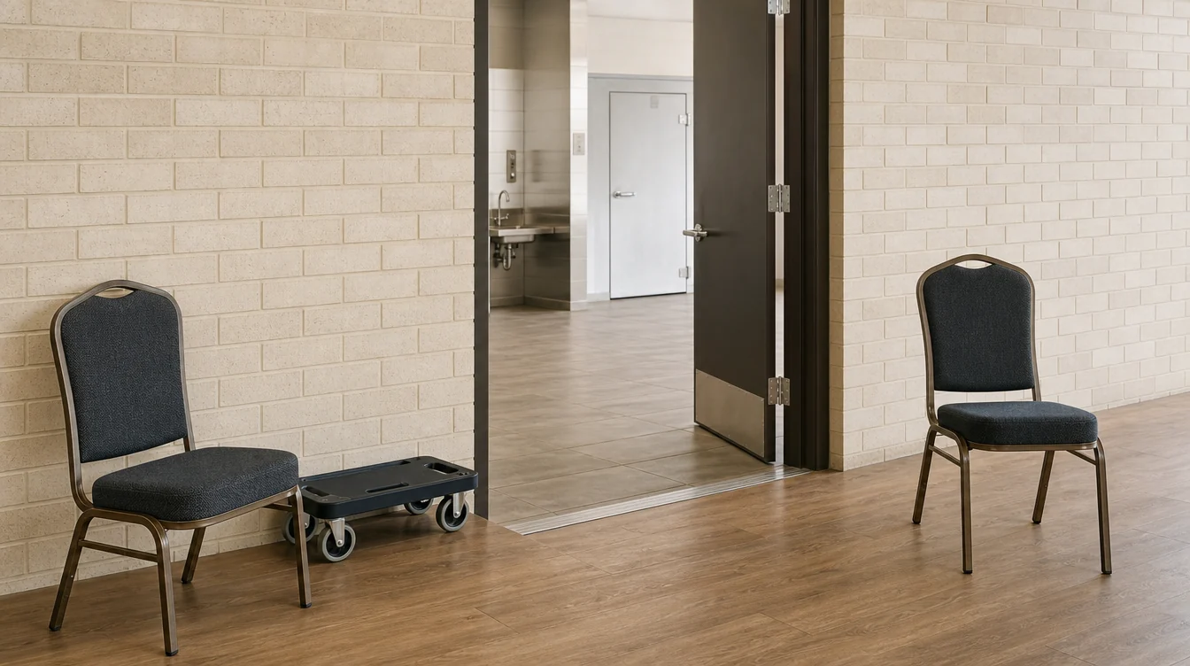 Clear service doorway and handling space for banquet chairs