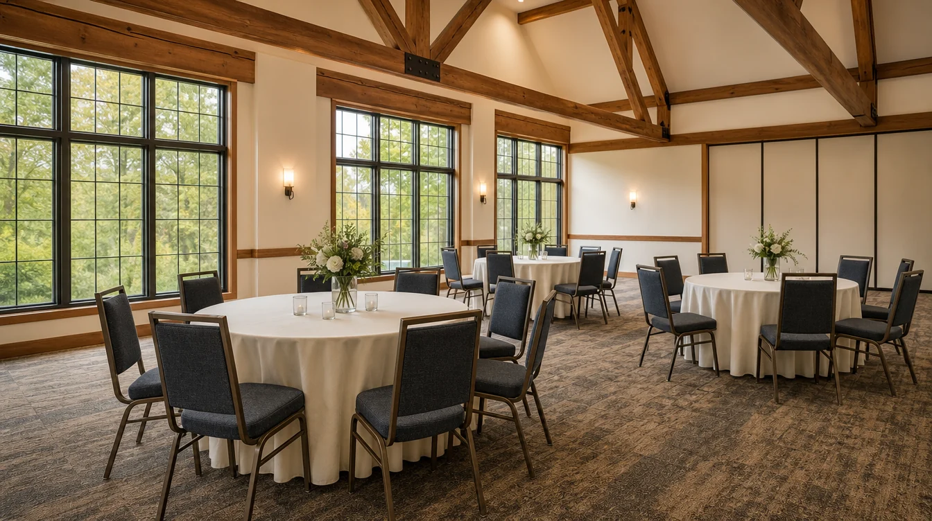 Banquet tables and matching upholstered chairs in a Michigan venue planning scene