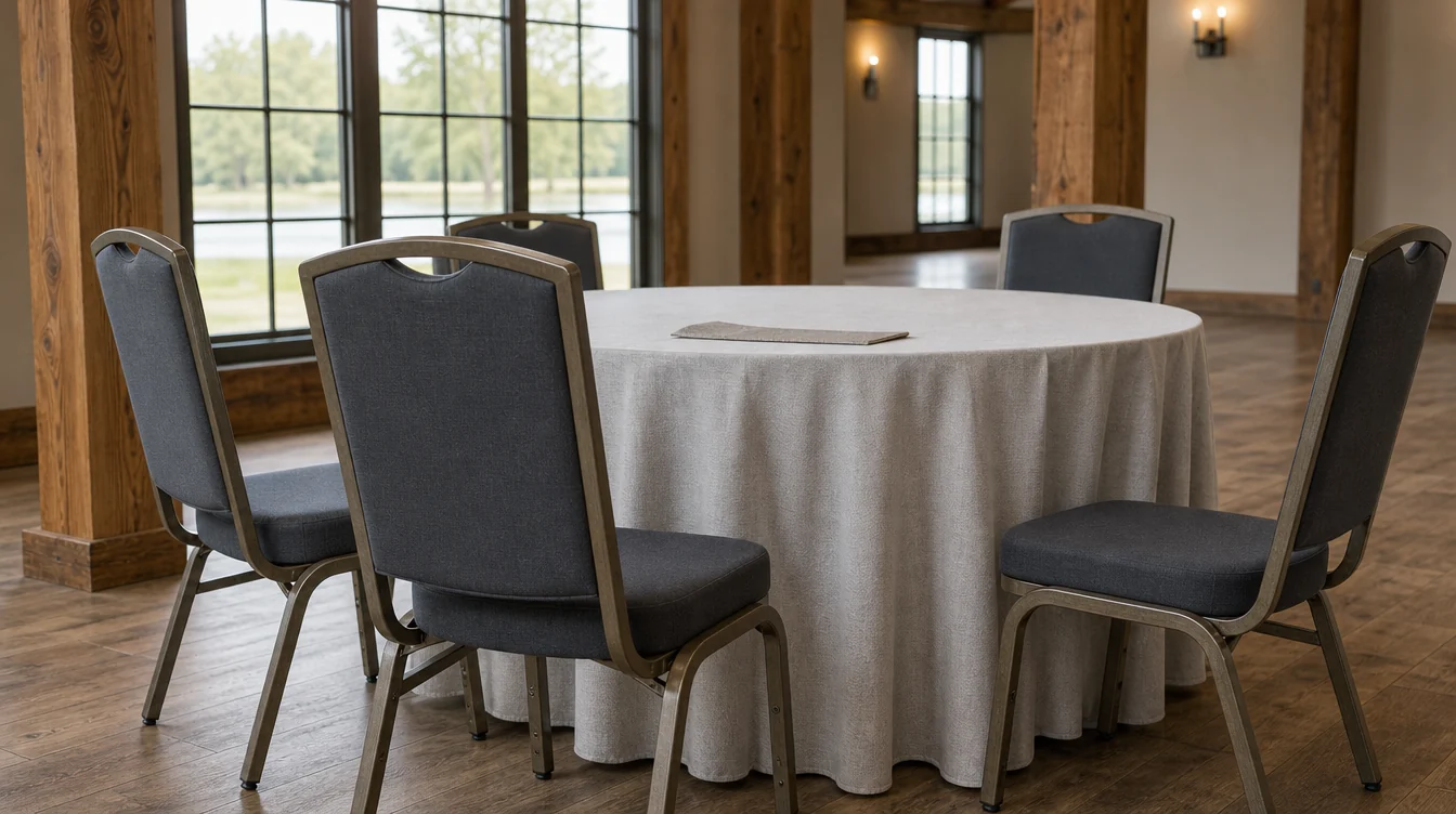Banquet chair upholstery and frame details beside a dining table