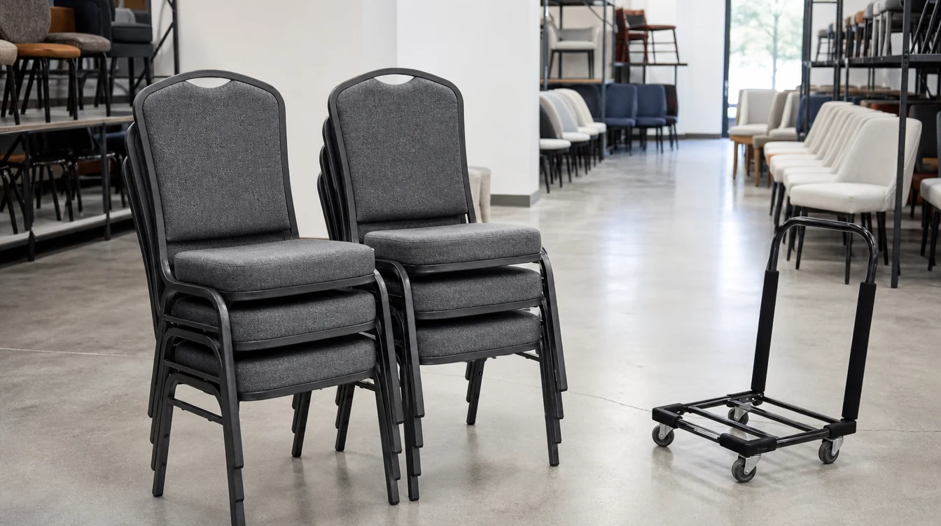 Low stacks of banquet chairs beside a clear indoor storage aisle