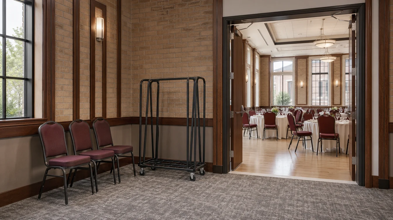 Banquet chairs and a clear service doorway in a Missouri venue