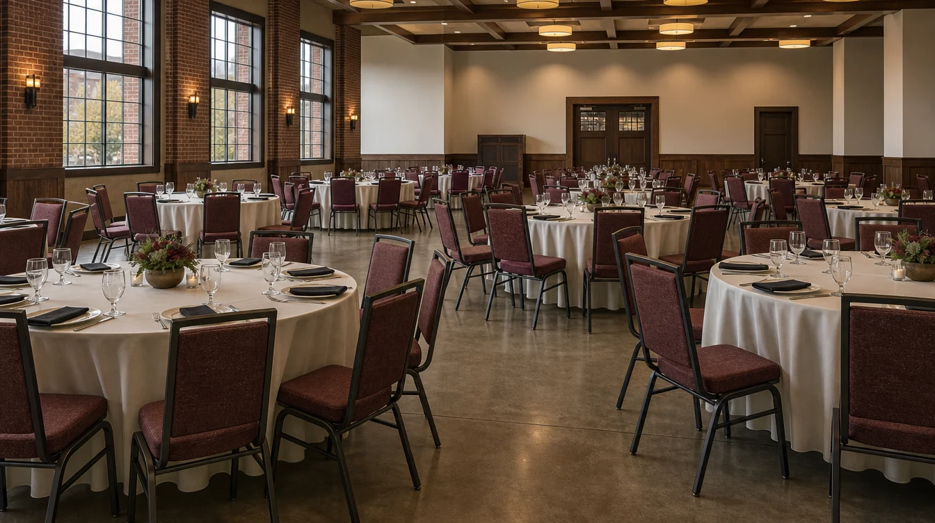 Banquet tables and upholstered chairs in a Missouri event room
