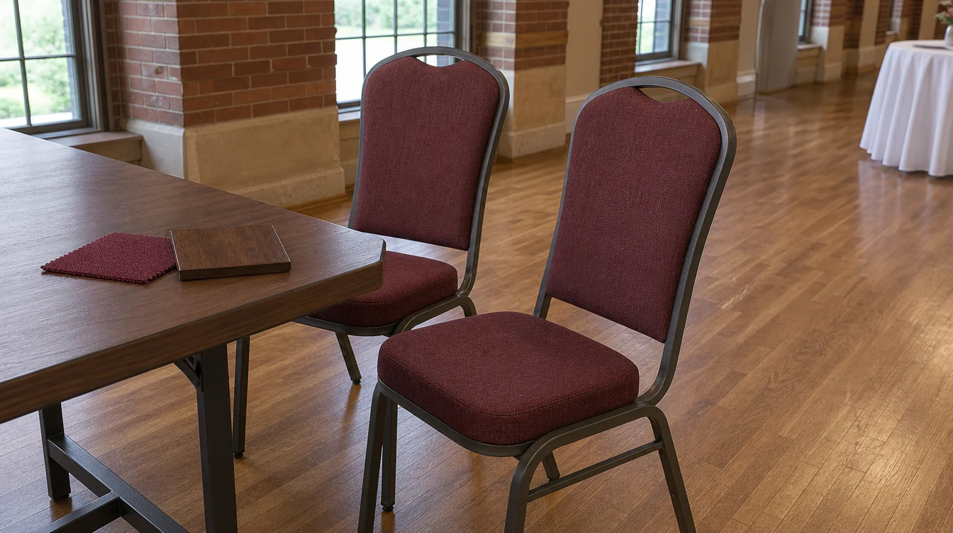 Banquet-chair frame and upholstery details beside a dining table in Missouri