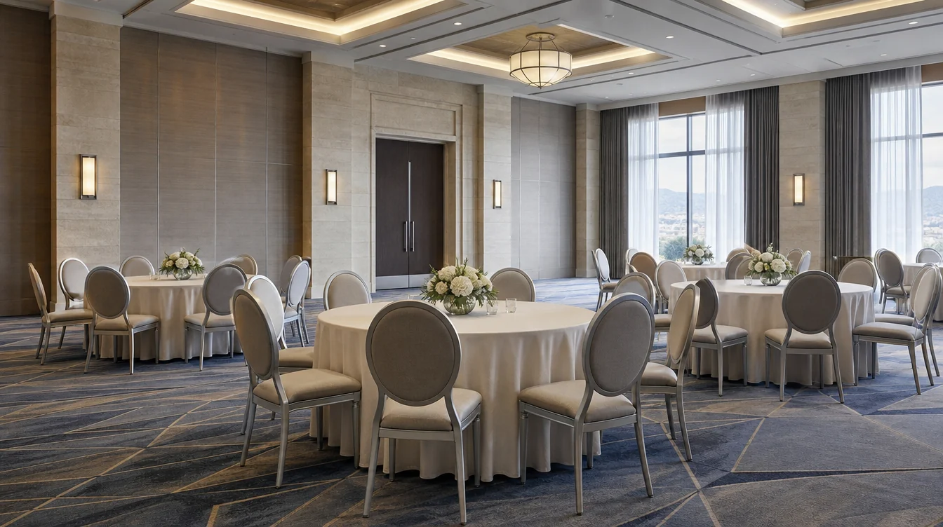 Banquet tables and matching upholstered chairs in a Nevada venue planning scene